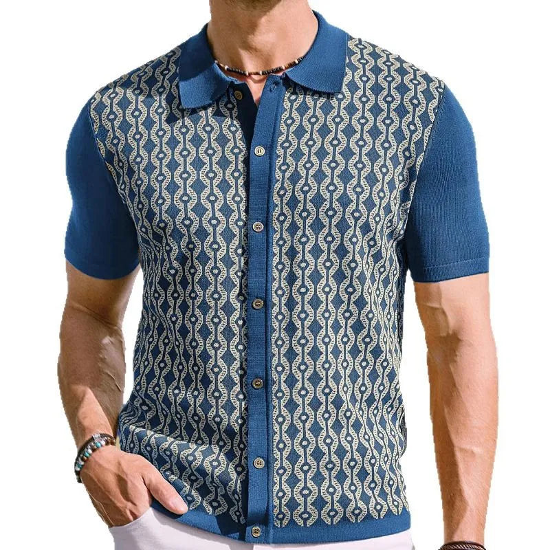 Men's summer Tencel short sleeve jacquard cardigan with lapel collar and geometric flocking pattern in black