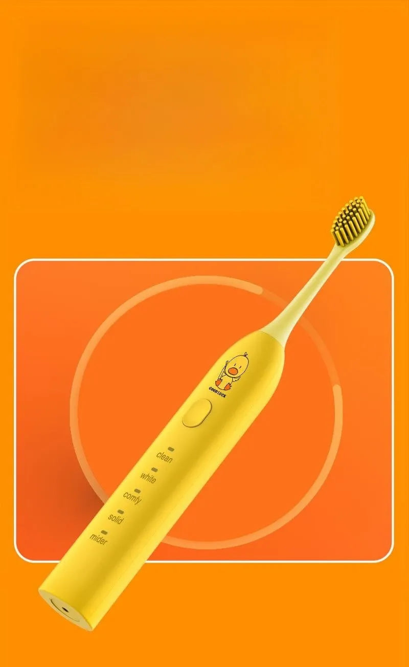 Yellow duck design rechargeable electric toothbrush with soft bristles on a white background.
