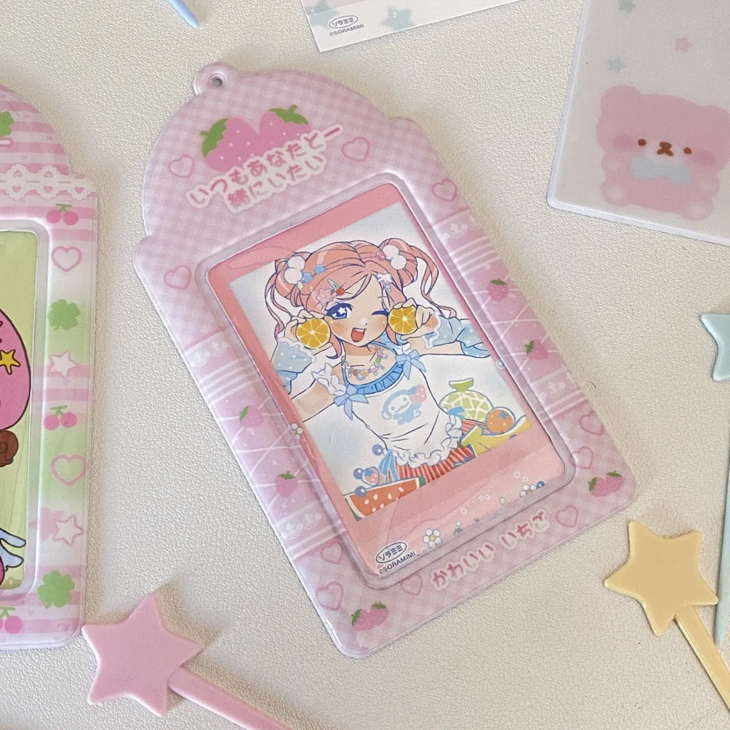 Plaid strawberry cartoon design PVC card holder measuring 7.6 by 13.6 centimetres.