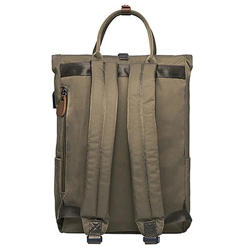 Black casual polyester backpack with cover opening, showing internal laptop sleeve and zipper pocket.