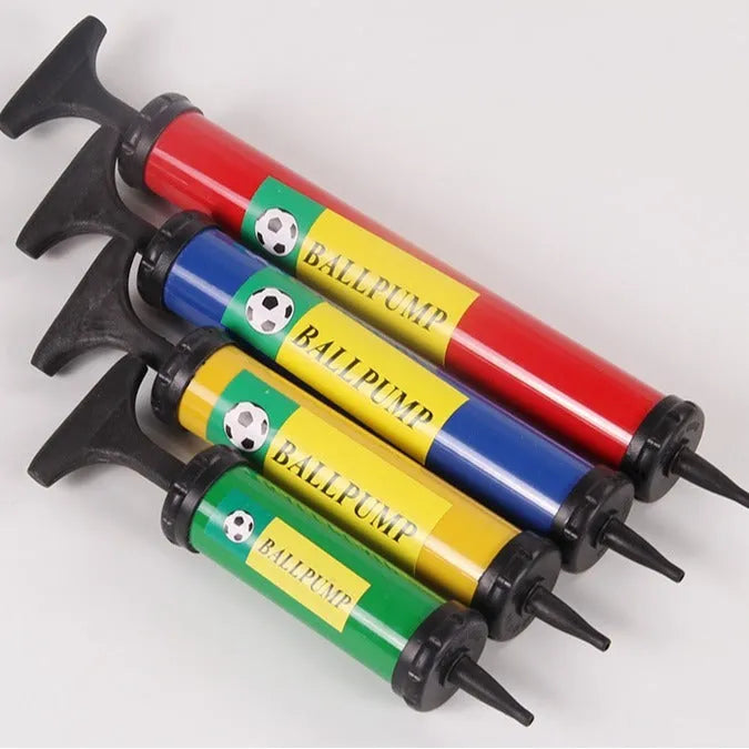 Manual plastic hand pump for inflating basketballs, volleyballs, and footballs in mixed colours.