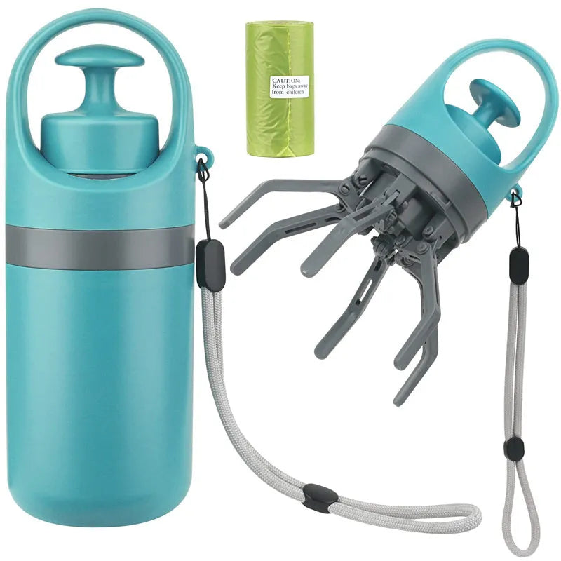 Blue portable dog pooper scooper with eight-claw shovel, built-in poop bag dispenser and lanyard
