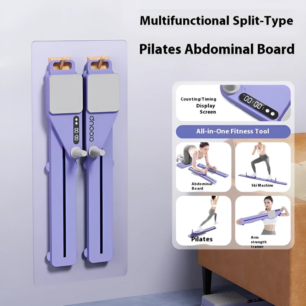 Purple and pink split skiing machine trainer on a wooden floor, showing 85cm sliding rail and foot pedals.