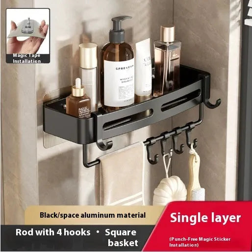 Gun grey wall-mounted bathroom storage rack with corner design and punch-free installation