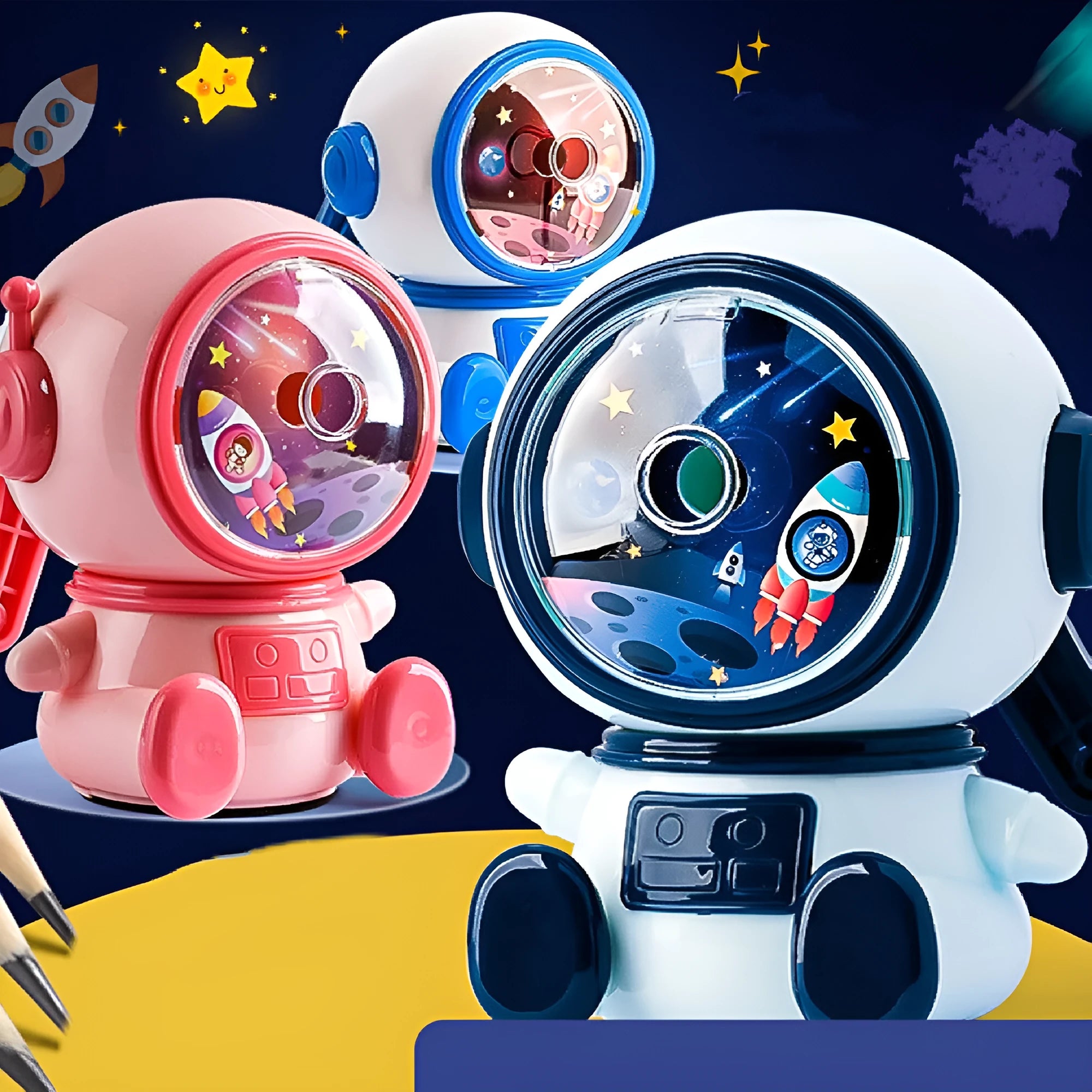 Blue and pink cartoon astronaut manual pencil sharpener with adjustment dial