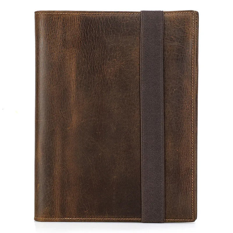 Brown Crazy Horse leather A5 notebook protective sleeve with socket type closure