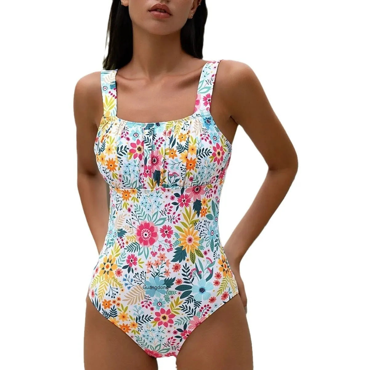 Women's floral print one-piece swimsuit with full-bed design and polyester lining