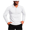 Man wearing a loose-fit black and white striped short sleeve shirt made from stretchy polyester knit fabric.