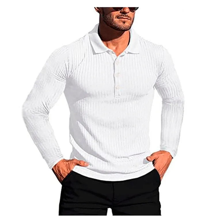 Man wearing a loose-fit black and white striped short sleeve shirt made from stretchy polyester knit fabric.