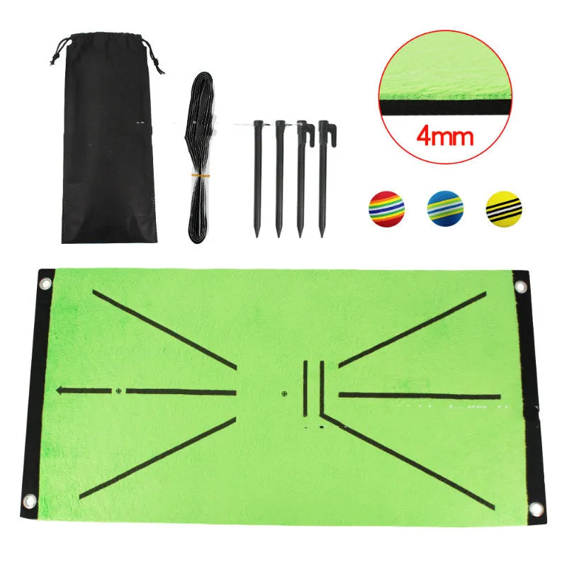Indoor golf practice cutting pad with crystal swan suede surface and three rainbow balls on SBR base