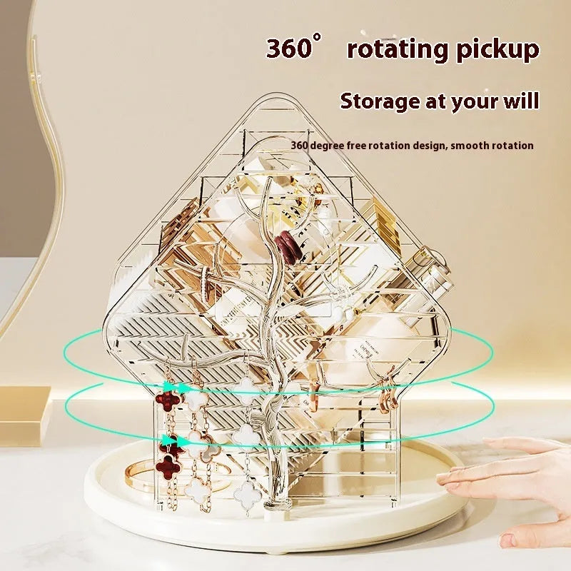 Transparent plastic rotating cosmetics storage box in clear and amber gold colour on a vanity table.
