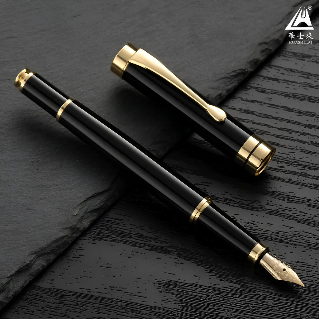 Metal fountain pen with fine F-0.5mm nib, black gold clip finish, 140mm length