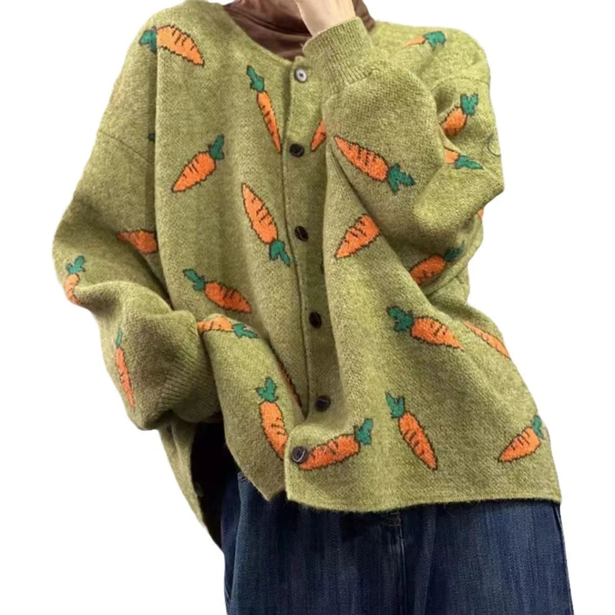 A loose-fitting cardigan with a round neck, artistic printing, and colour contrast details.