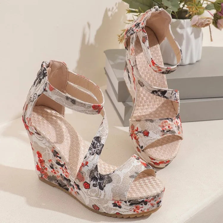 Women's black lace up muffin wedge sandals with fish mouth toe and PU upper