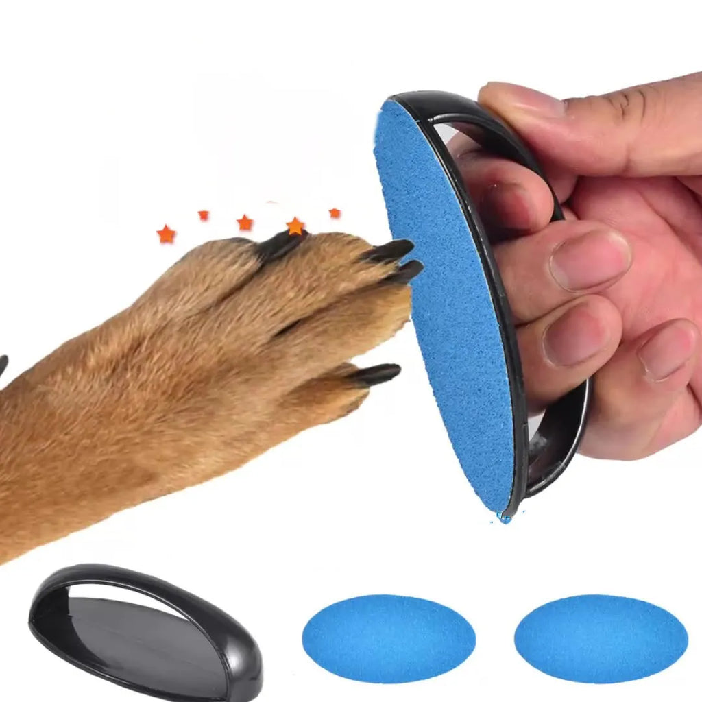 Upgraded round dog nail file scratch board in choice of colours, showing ergonomic handle.