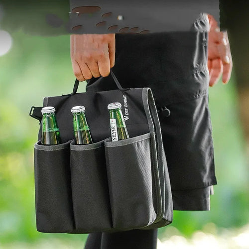 Black and orange bicycle drink bottle bag with two-sided storage compartments mounted on bike frame