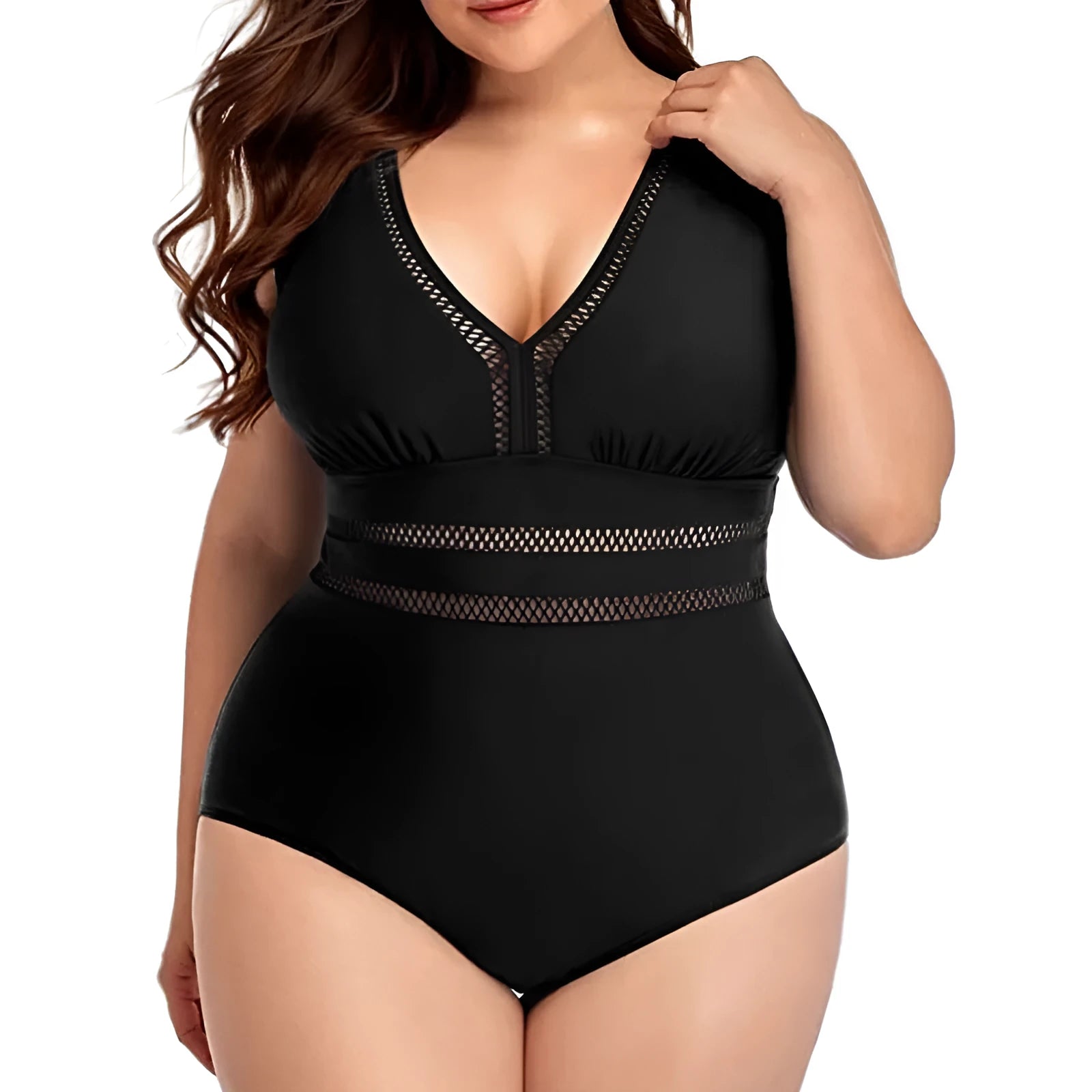 Black printed plus-size bikini swimsuit for women on a hanger.