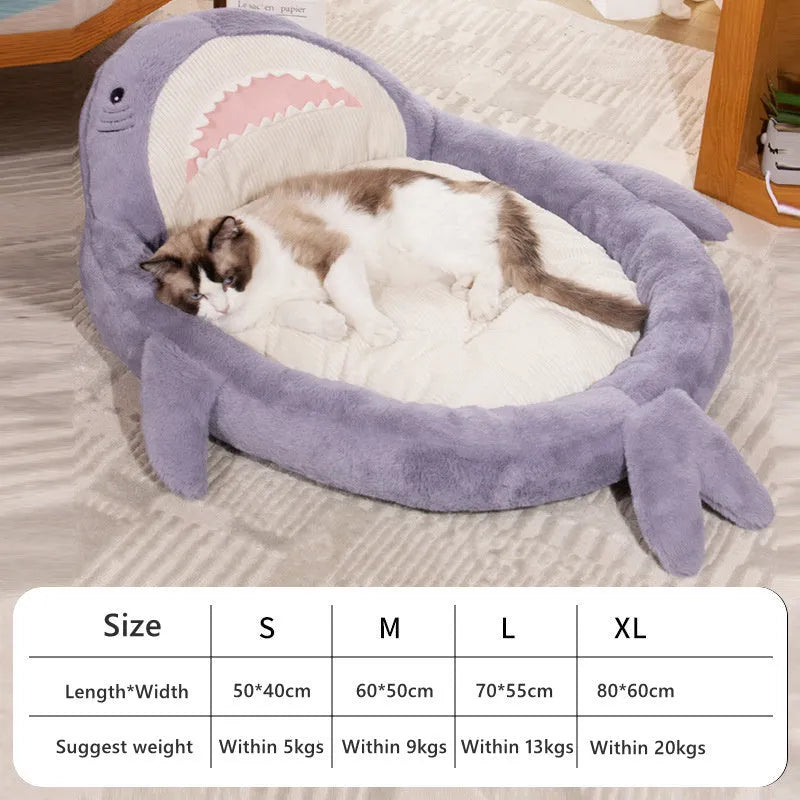 Blue shark pattern velvet pet bed cushion with non-slip base for dogs and cats