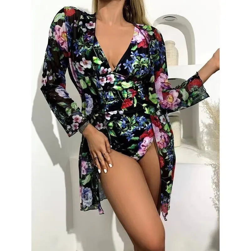 Women's floral print three-piece bikini set with matching cover-up coat in choice of seven colours