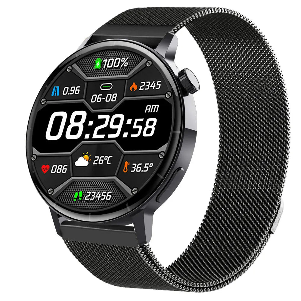 F67S smart watch with red light blood oxygen and glucose monitoring in black leather strap