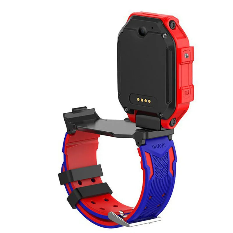 Children's smart watch with dual cameras, SOS button, and touch screen on a child's wrist