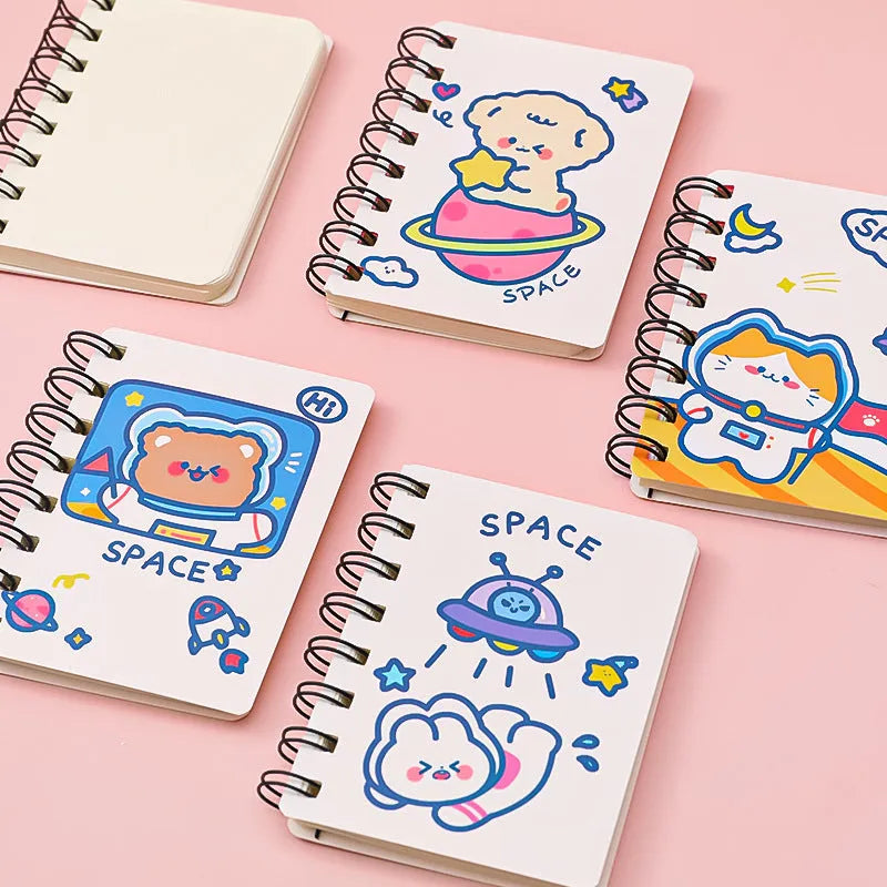 Astronaut series pocket flipper notebook showing 10.5x8cm size and themed cover options.