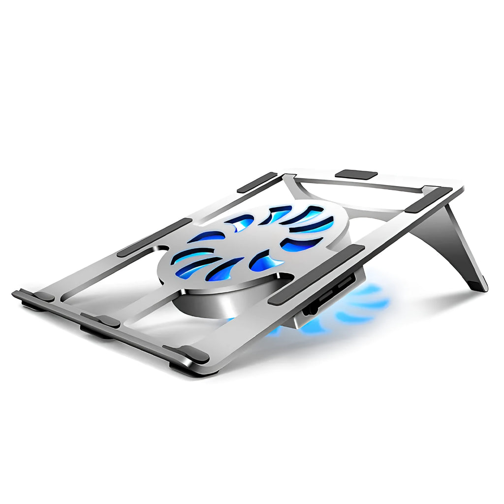 M9 silver aluminium alloy folding laptop cooling bracket on desk