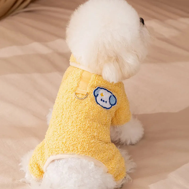 Yellow thick plush dog pajamas one-piece winter pet coat with lapel front for puppies and cats