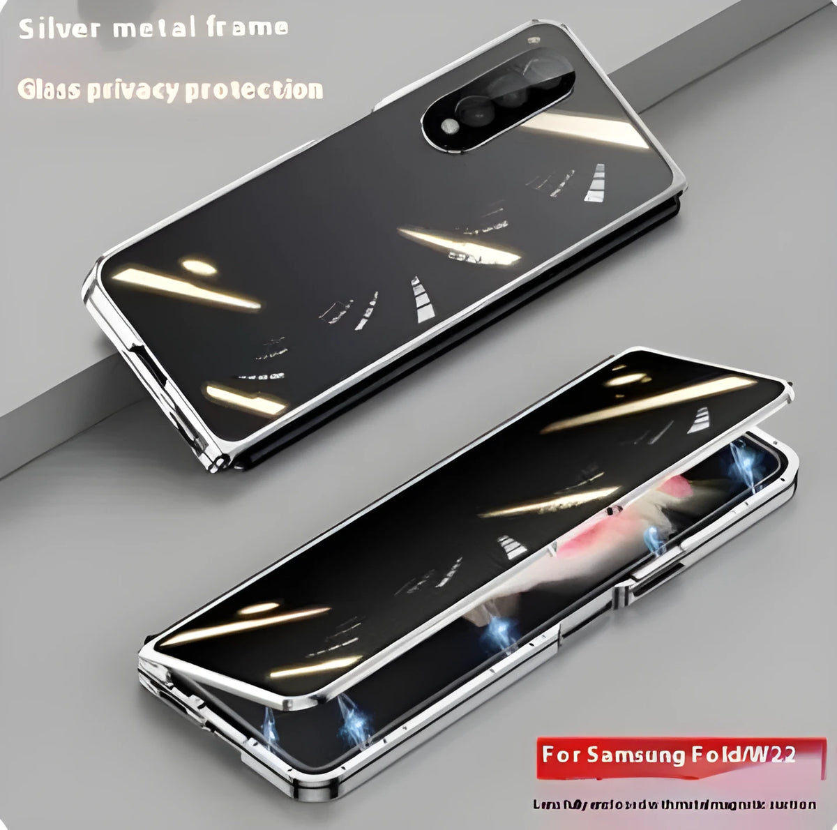 Samsung Z Fold magnetic suction glass phone case in transparent mirror finish with metal body and anti-fingerprint surface.