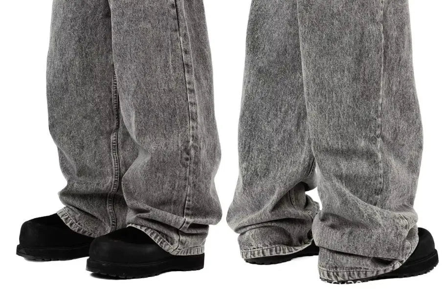 Gray loose straight-leg denim trousers with mid waist on hanger