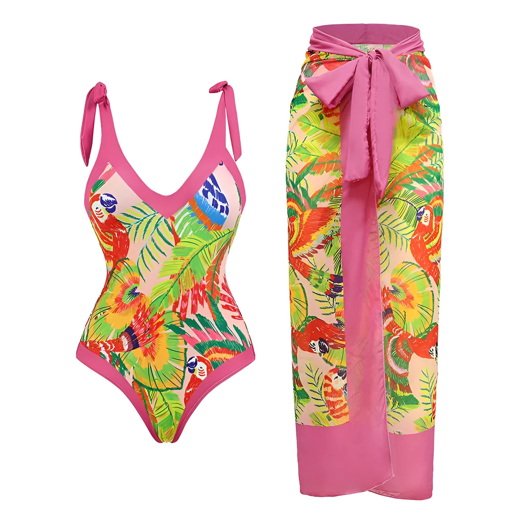 Women's solid colour spaghetti strap one-piece swimsuit with a matching skirt laid flat