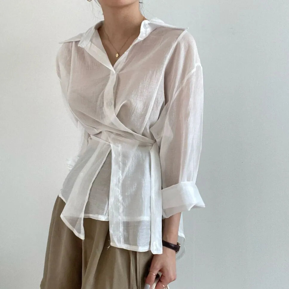 Irregular buckle lapel long sleeve shirt in smoky gray or white, thin polyester top, 50cm length, sizes S to XL