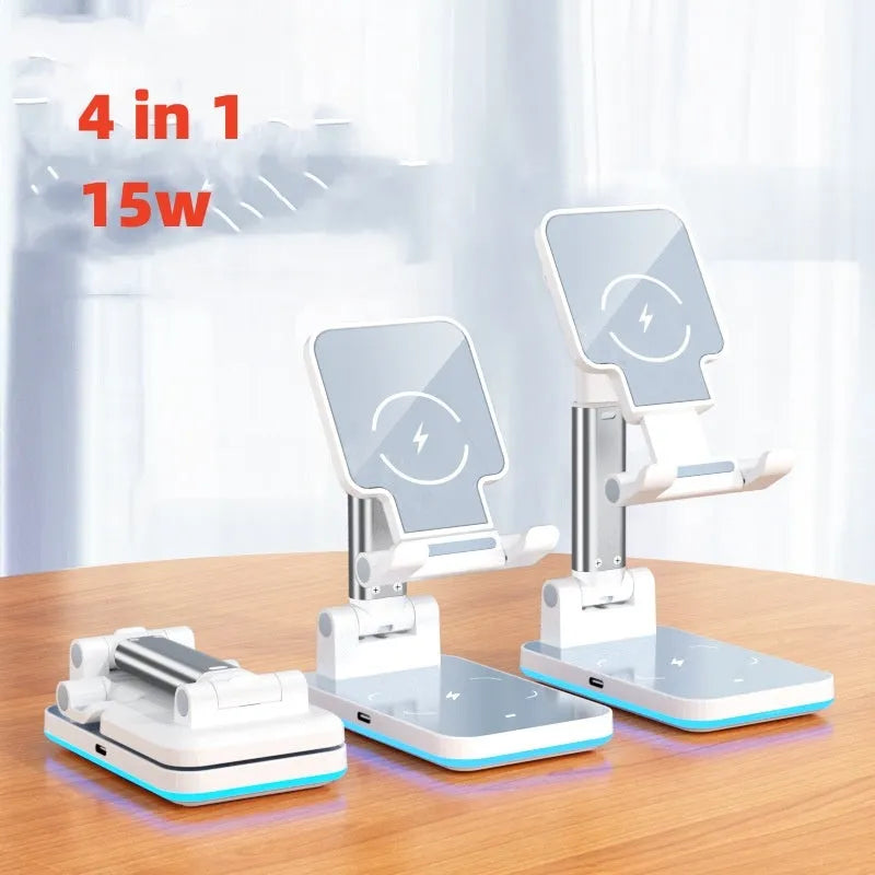 Black and white desktop phone stand with integrated wireless Qi charging pad.