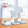 Black and white desktop phone stand with integrated wireless Qi charging pad.