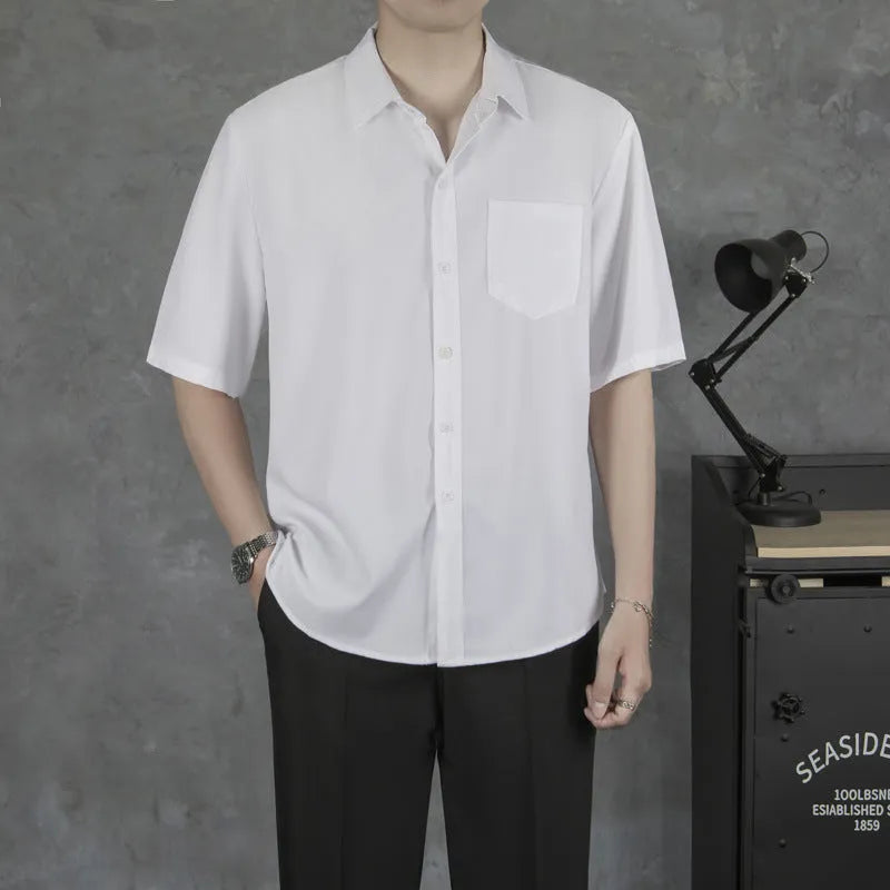 Men's solid colour short sleeve cotton blend casual shirt with loose fit in black white light green dark green sizes S to XXXL