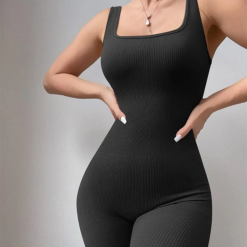 Women's beige spandex suspender tank top tights with long sleeves and button details.
