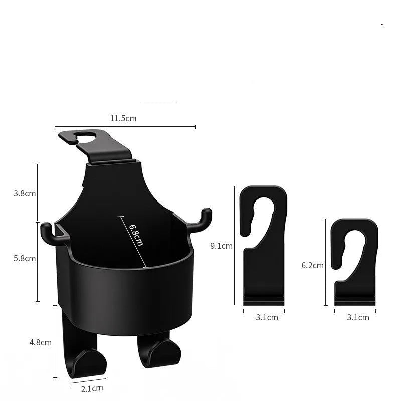 Black plastic car seat back organiser with cup holder and storage hook mounted on headrest