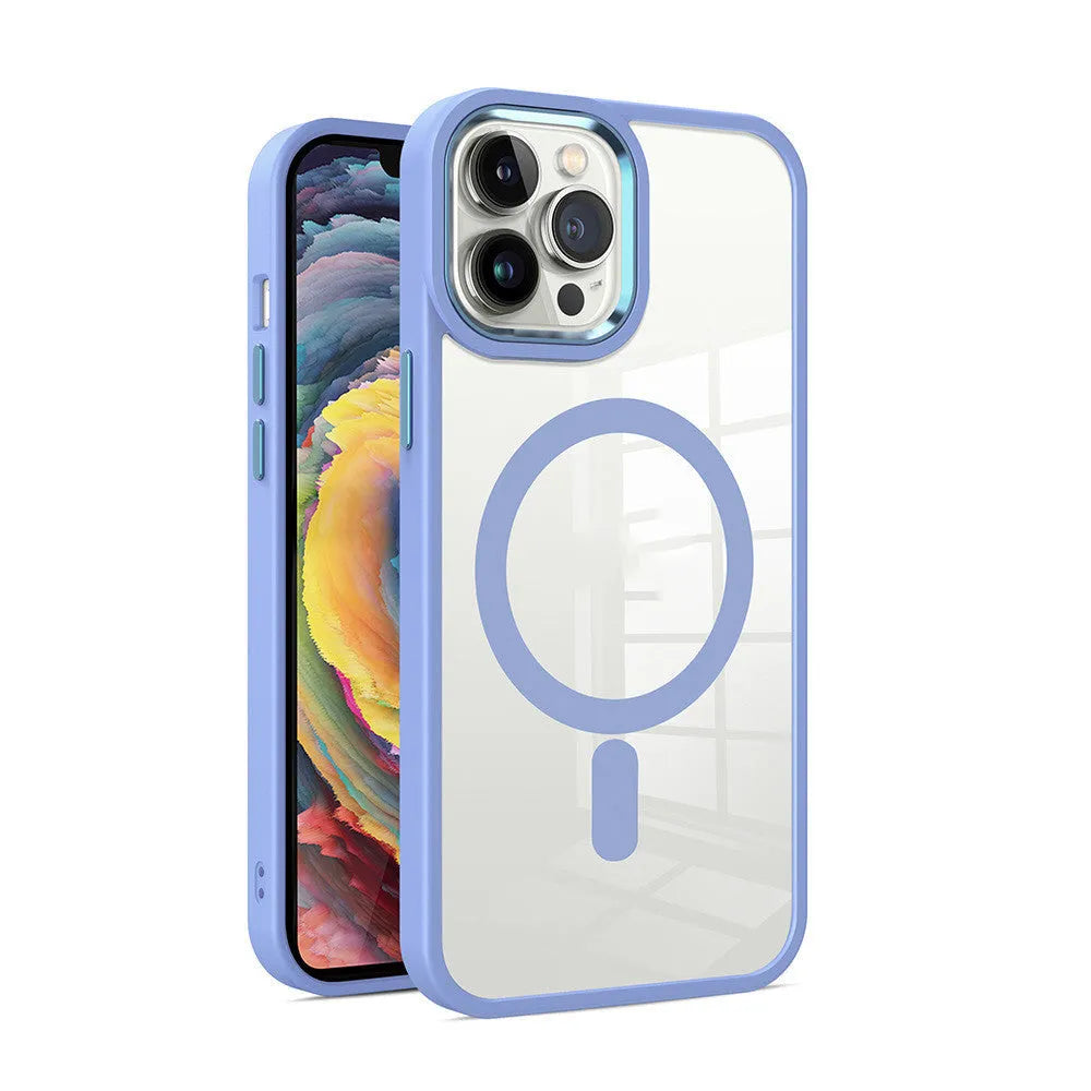 Transparent magnetic silicone phone case for iPhone showing colour options and MagSafe compatibility.