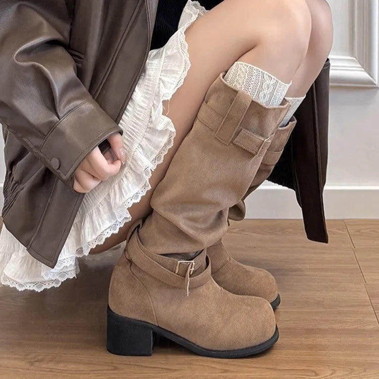 Khaki suede women's pleated pile boots with mid heel 3-5cm, rubber sole and waterproof platform