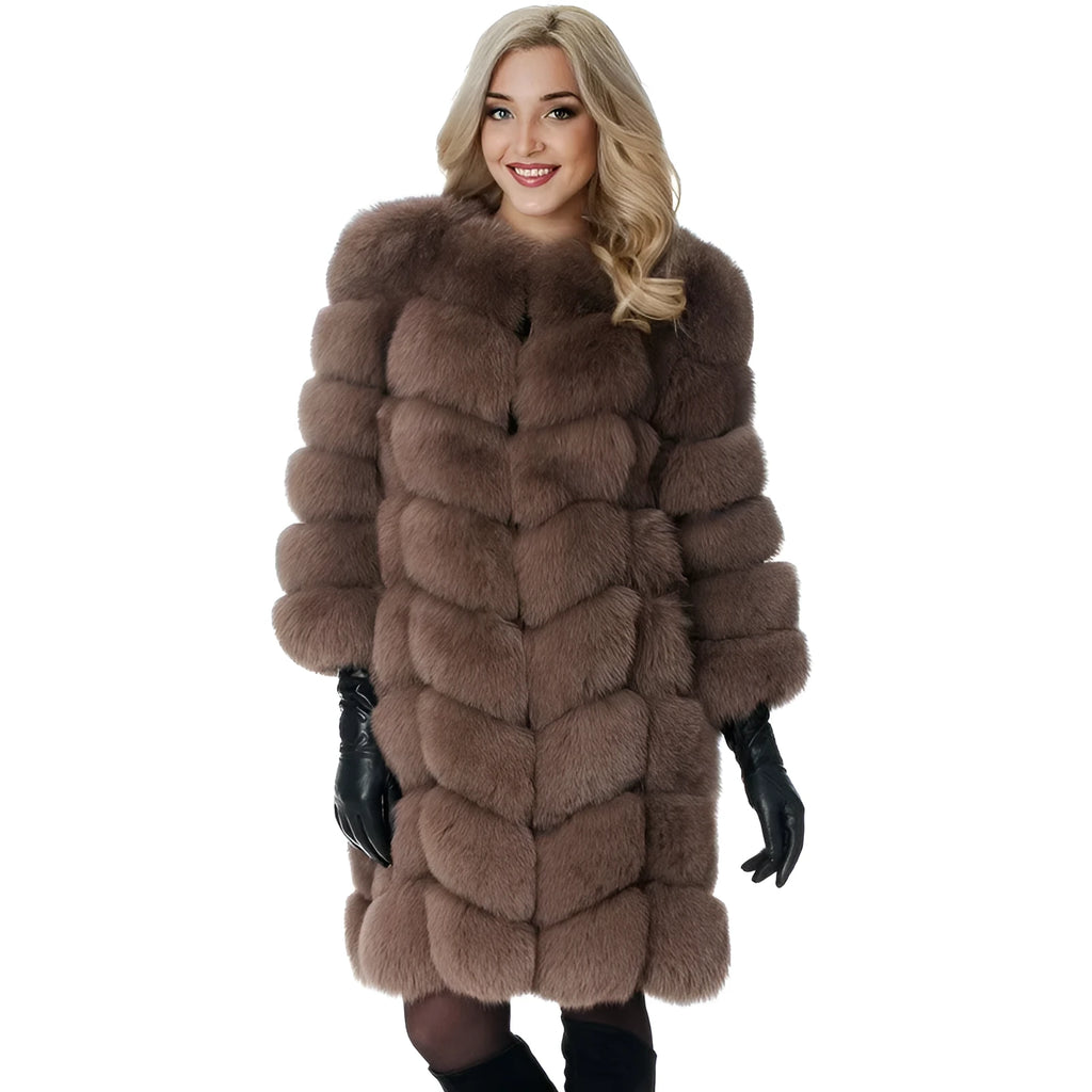 Women's long black artificial fur coat with regular sleeves on a hanger.