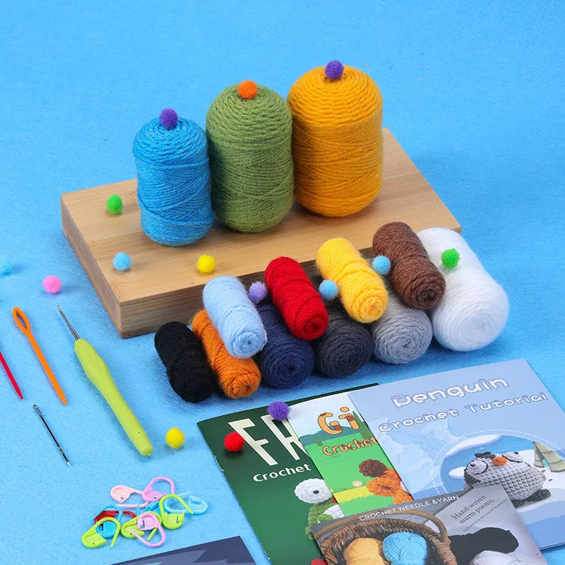 White yarn ball and blueyellow coaster crocheted material package with wool blend yarn
