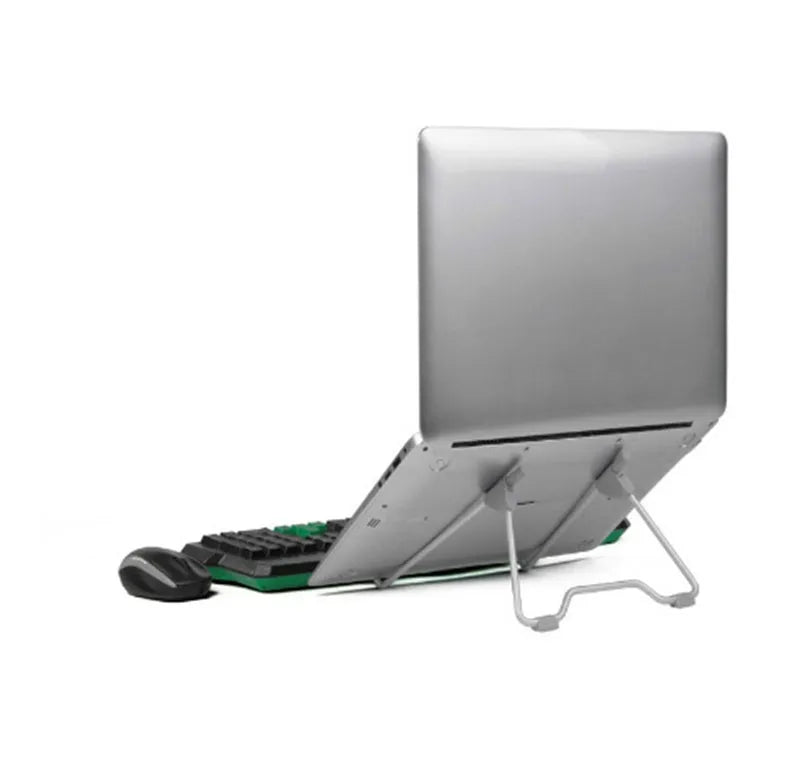 Grey aluminium alloy and plastic adjustable stand holding a mobile phone on a desk.