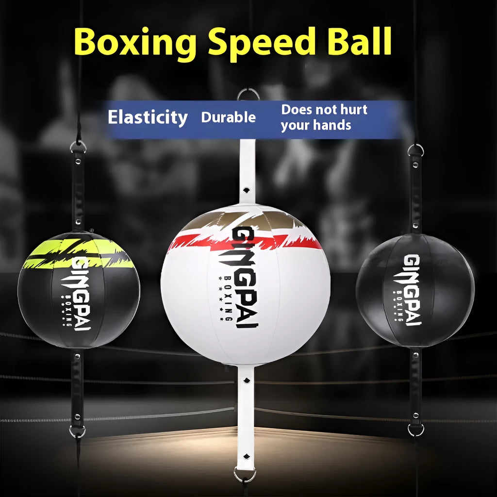 A black hanging boxing speed ball for reaction and dodge training, shown suspended.