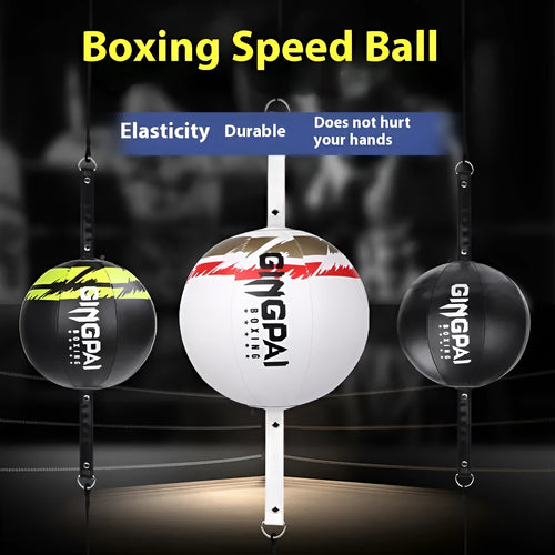 A hanging boxing speed ball made of PU leather for reaction and dodge training drills.
