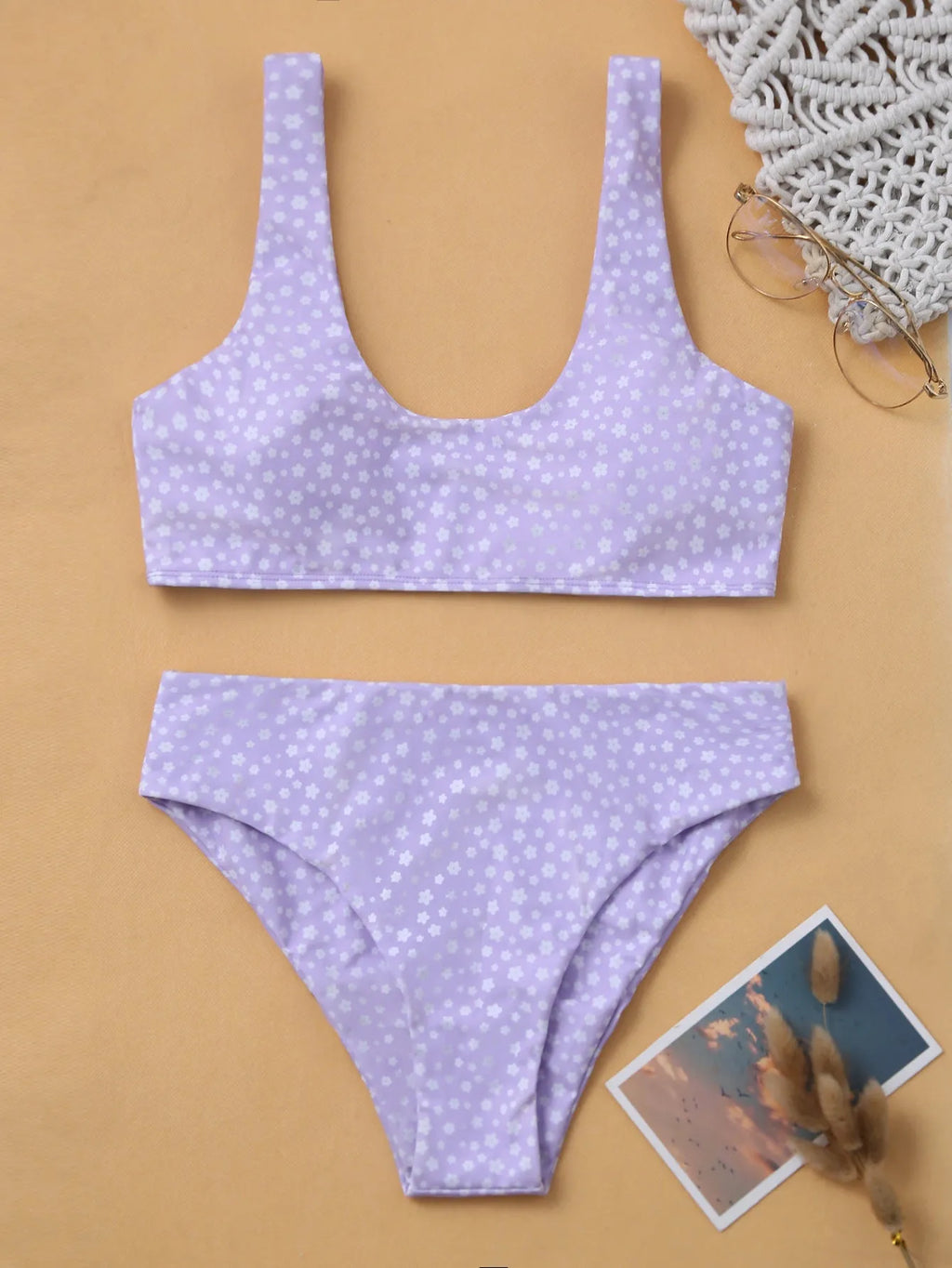 Printed floral U-neck halter bikini set for women in high-waist style with quick-drying polyester fabric, colour FF185GR