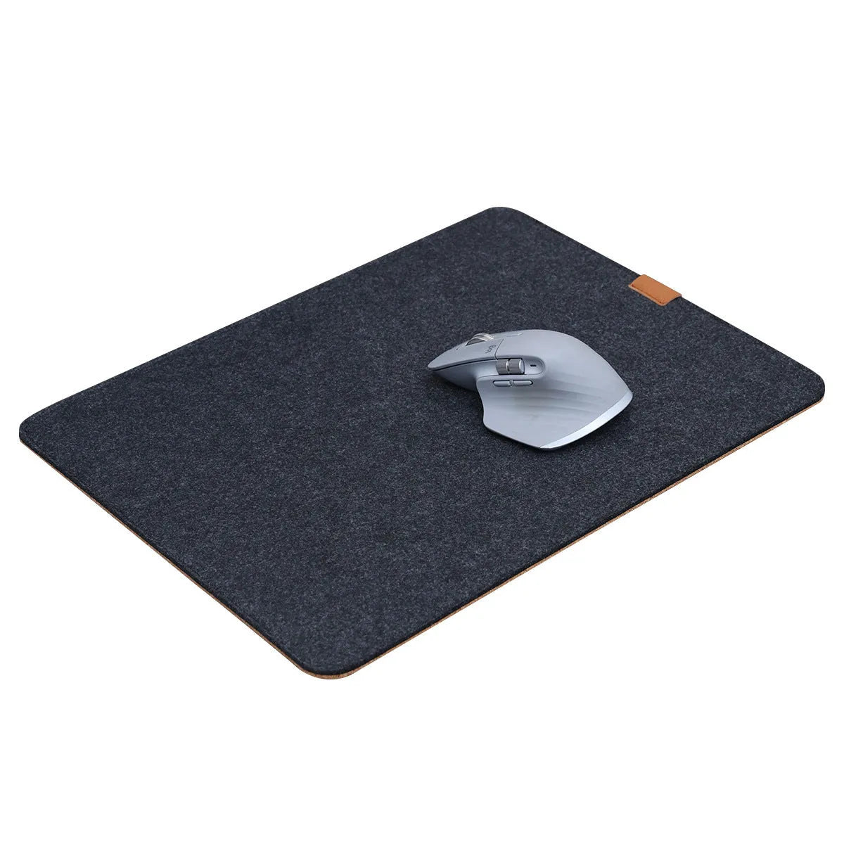Oversized felt cork desk mat in black and grey pattern on a wooden desk