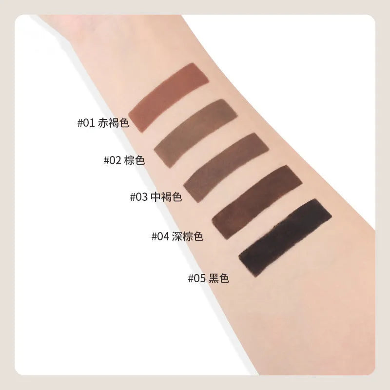 Double-headed eyebrow cream tube showing five shade options: reddish brown, brown, light brown, dark brown, and black.