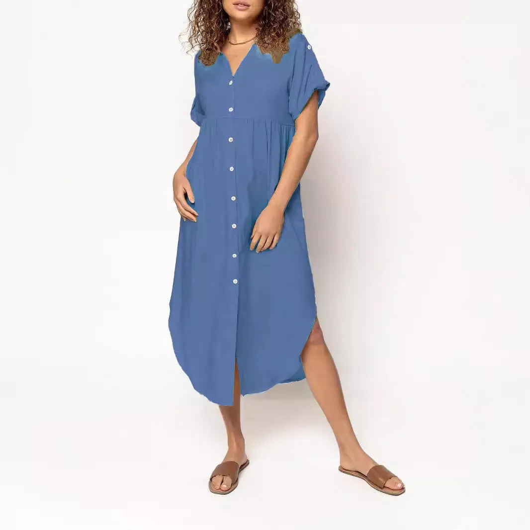 Women's loose fit casual dress with button front and mid-length skirt in solid colour.