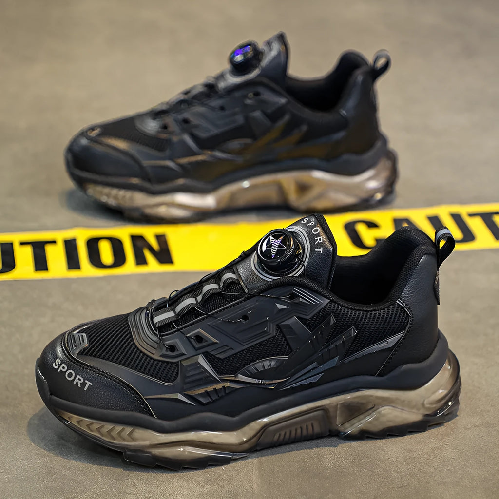 Men's black rotating button casual shoes with mesh upper and platform soles for height increase