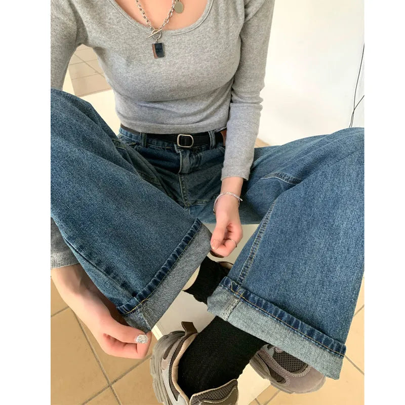 Women's retro blue high-waisted straight leg jeans shown in cropped, standard, and lengthened styles.